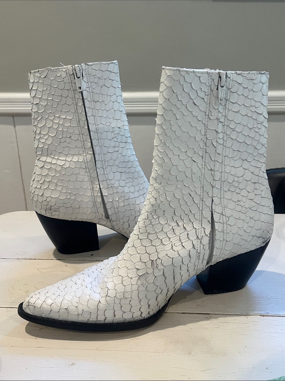 Matisse White Textured Snake-Embossed Ankle Boots with Side Zip